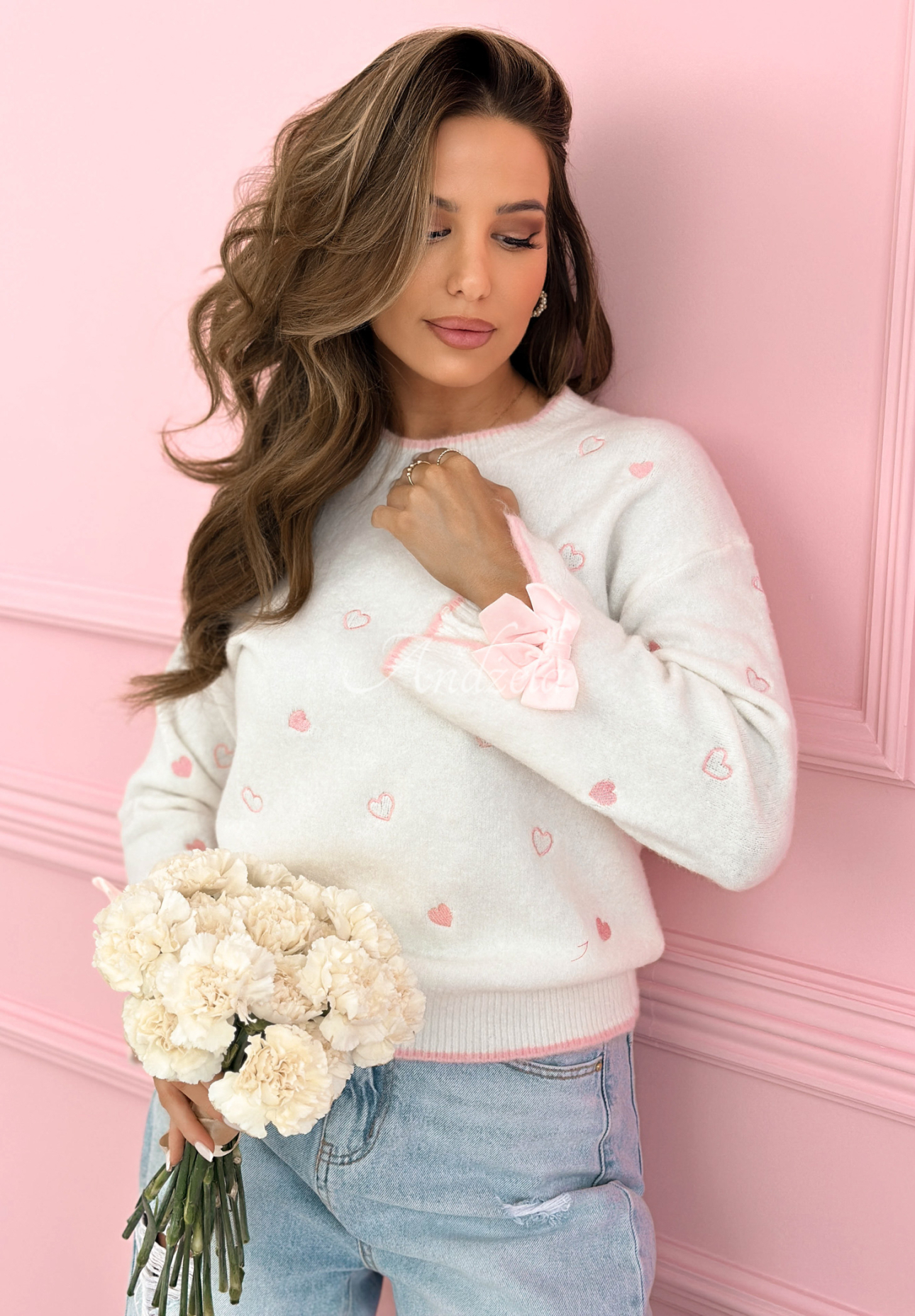 Pullover mit Herzen, Wolle und Viskose Romantic Bows Ecru