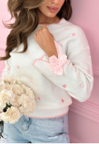 Pullover z haftowanymi serduszkami i kokardkami Romantic Bows Ecru