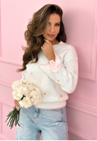 Pullover z haftowanymi serduszkami i kokardkami Romantic Bows Ecru