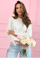 Pullover z haftowanymi serduszkami i kokardkami Romantic Bows Ecru