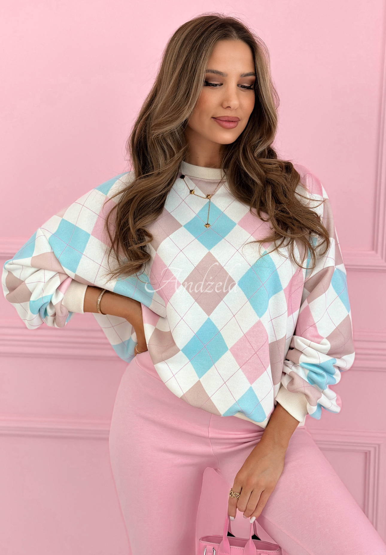 Light Of Spring pink and blue diamond-patterned cotton sweatshirt