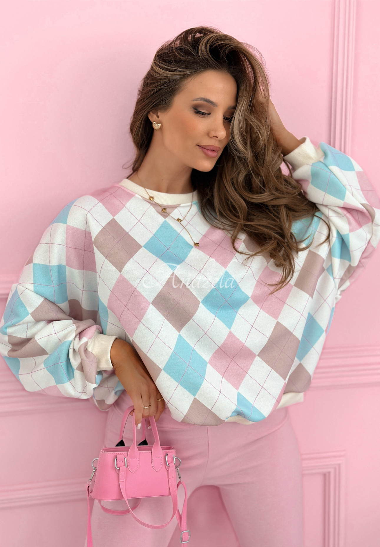 Light Of Spring pink and blue diamond-patterned cotton sweatshirt