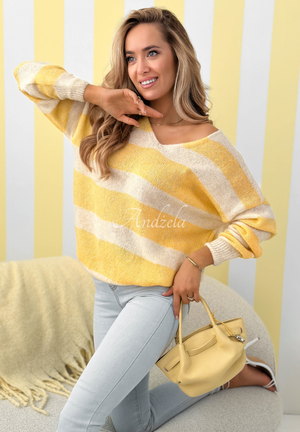 Gestreifter Pullover mit Ausschnitt Springtime Stripes Beige-Gelb