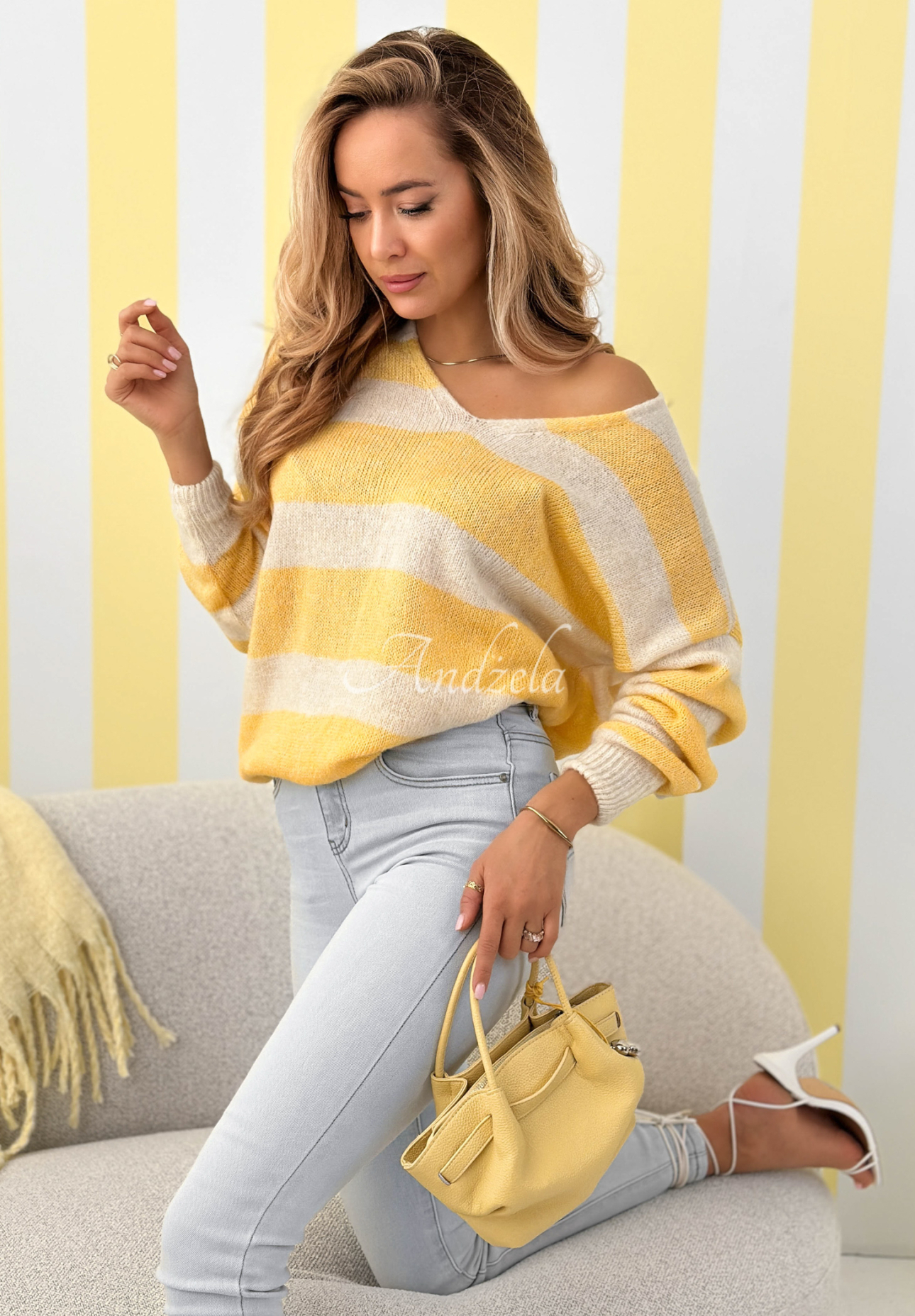 Springtime Stripes beige and yellow striped sweater with a neckline