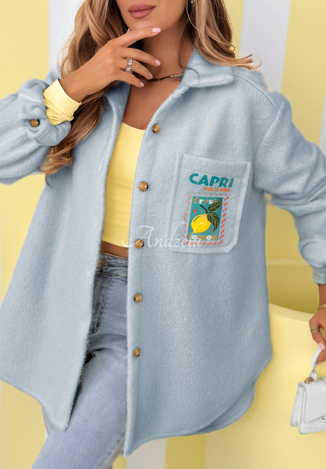 Jacke aus Lammfellimitat mit Aufdrucken und Wolle Capri Dolce Vita Himmelblau