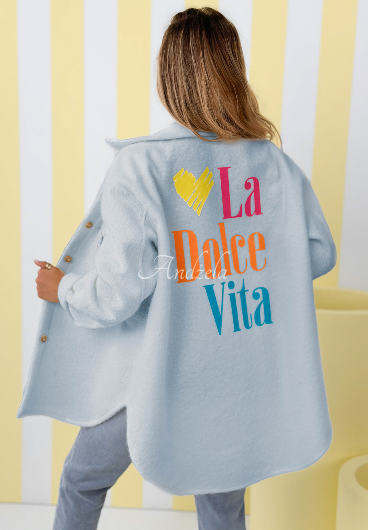 Jacke aus Lammfellimitat mit Aufdrucken und Wolle Capri Dolce Vita Himmelblau