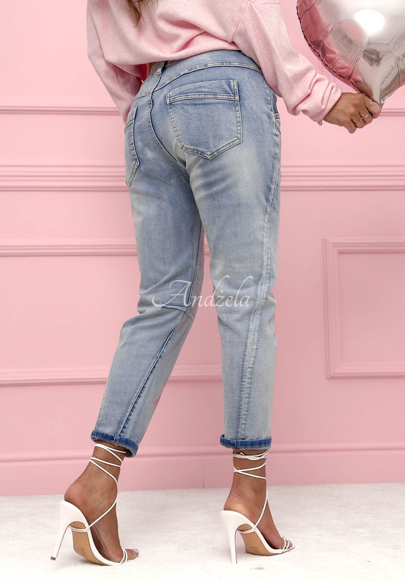 Mom fit jeans with Colorful Hearts hearts, light blue
