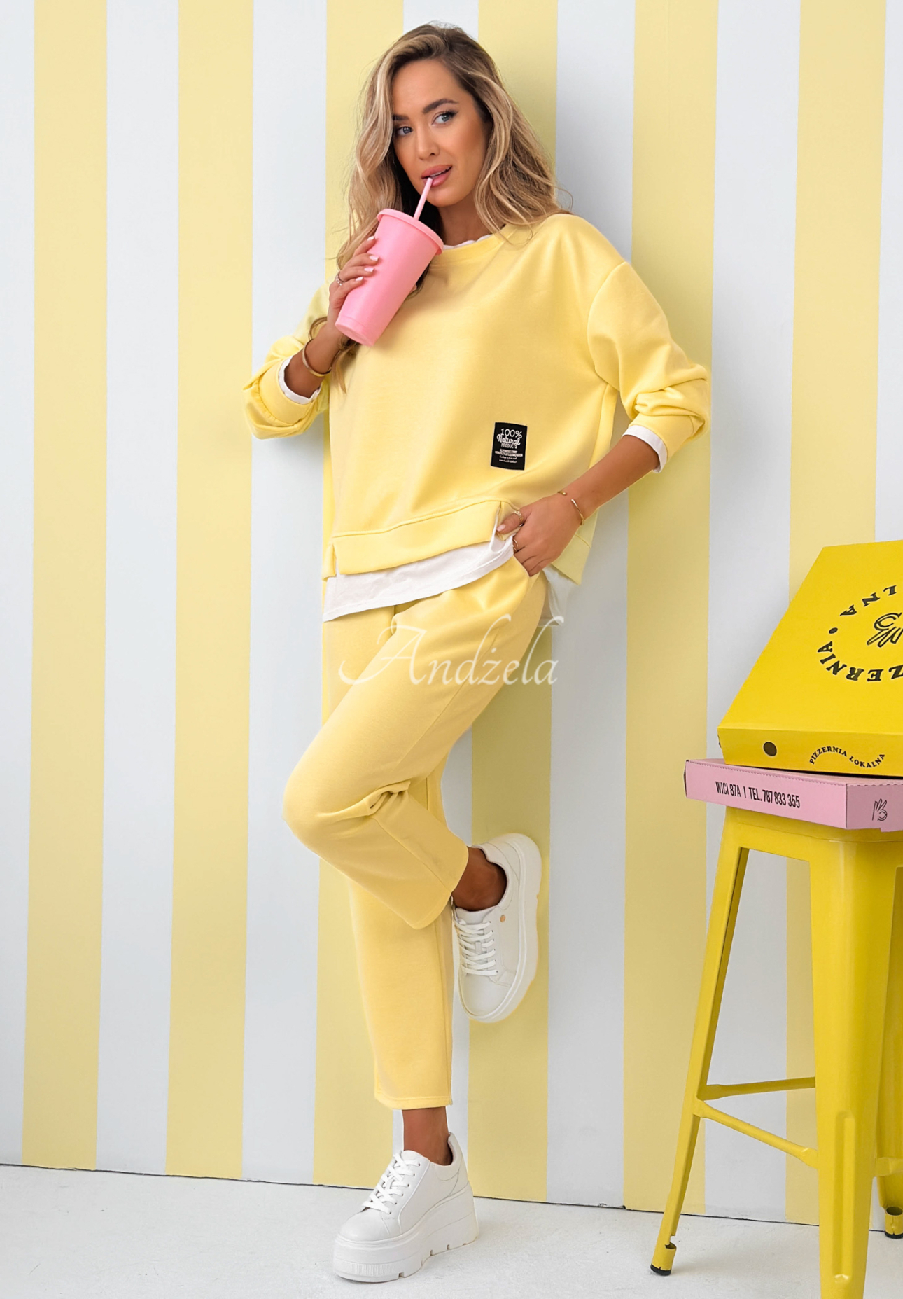 Viscose tracksuit set, sweatshirt and butter-colored pants, Why Not Me, yellow
