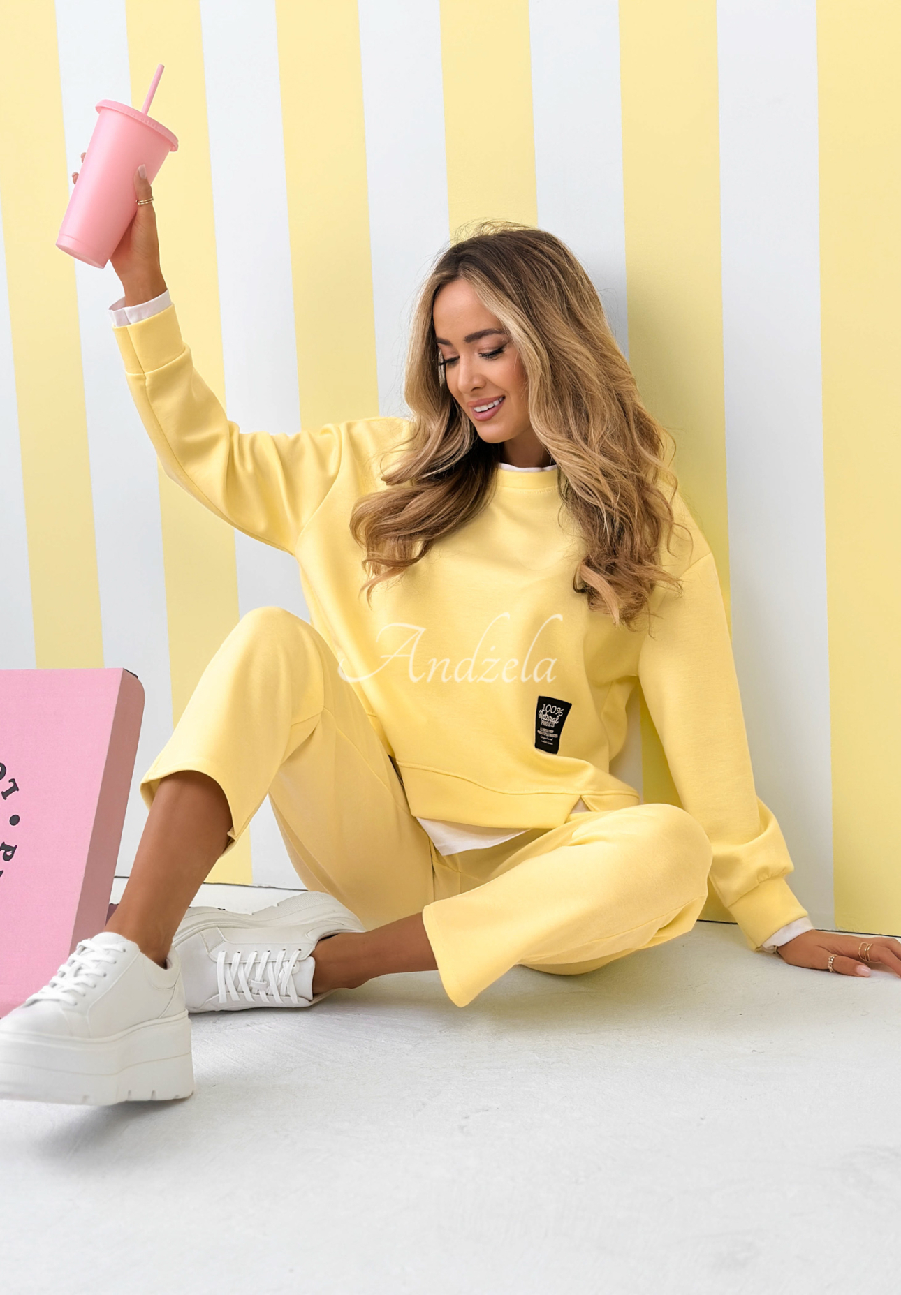 Viscose tracksuit set, sweatshirt and butter-colored pants, Why Not Me, yellow
