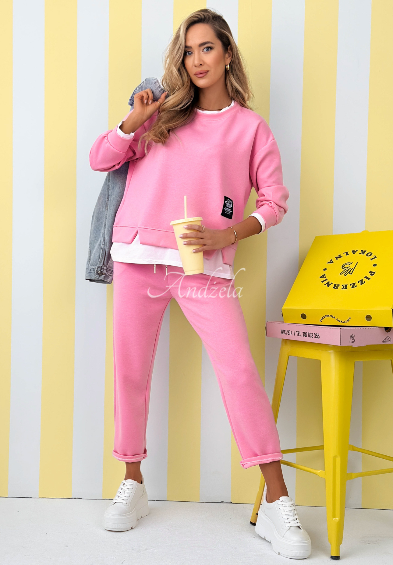 Viscose tracksuit set, sweatshirt and butter-colored pants, Why Not Me, pink