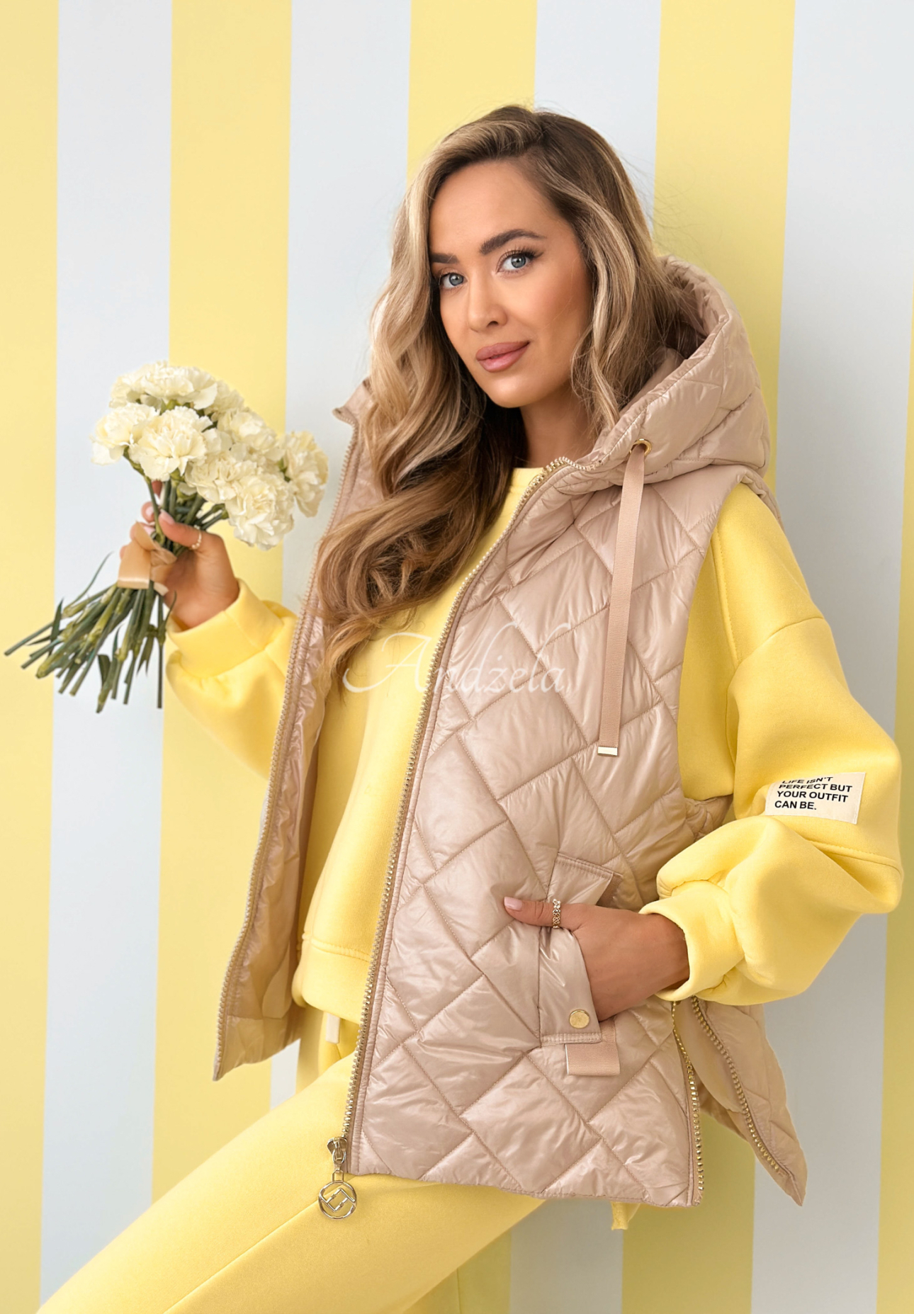 Spring Touch quilted hooded vest, beige
