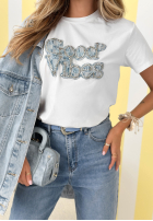 Bawełniany T-Shirt z nadrukiem Only Good Vibes Weiß