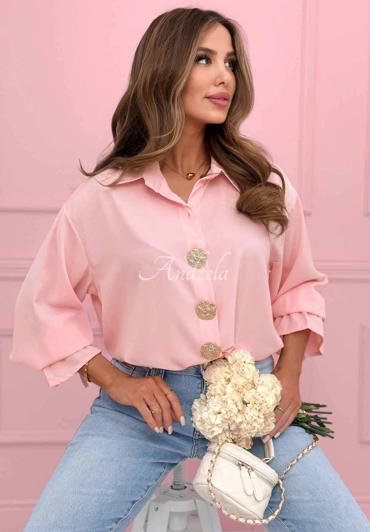 Hemd mit dekorativen Broschen Brunch Outfit Puderrosa