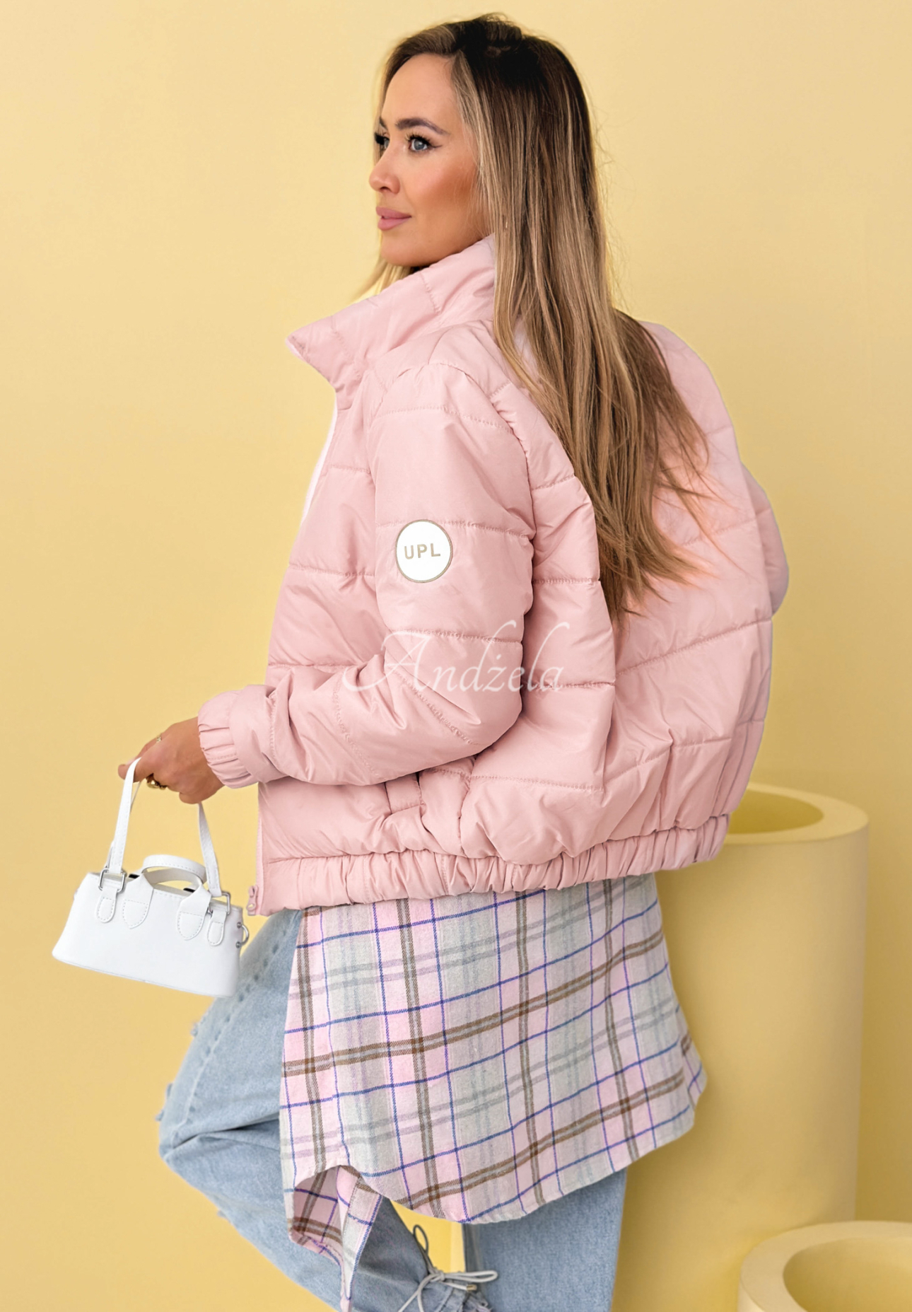 Soft Morning powder pink quilted jacket with stand-up collar