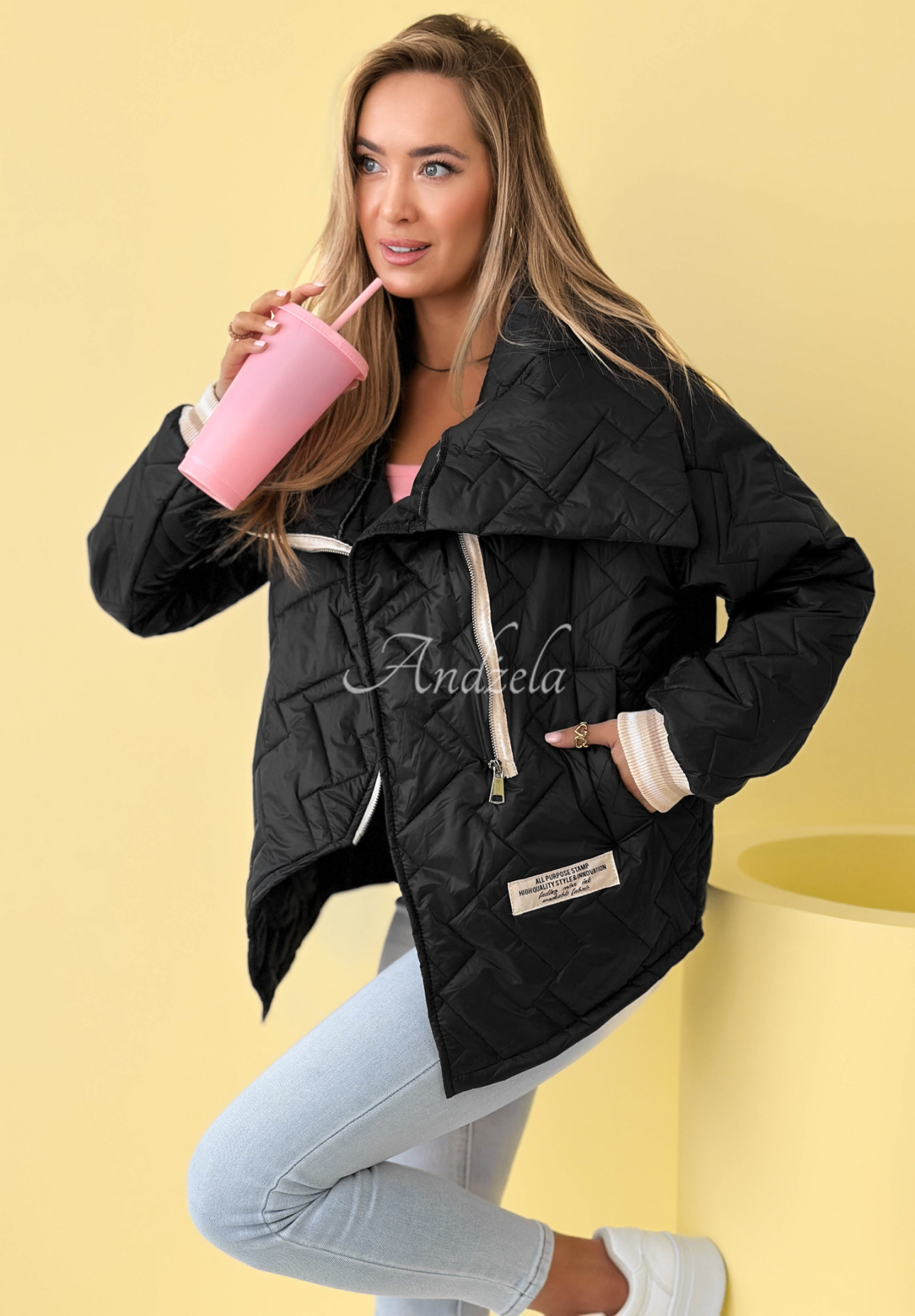 Where Are We quilted jacket with collar, black