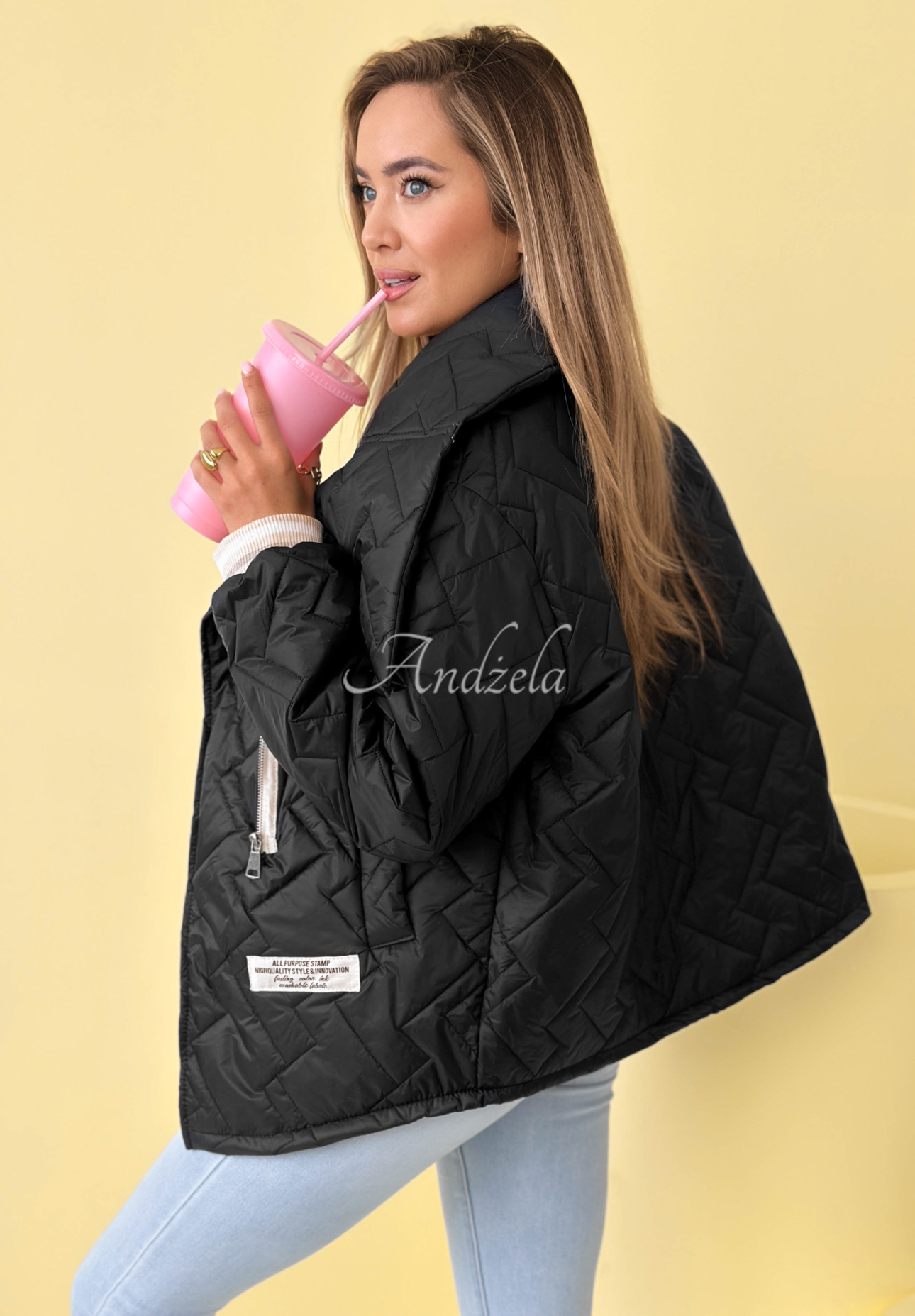 Where Are We quilted jacket with collar, black