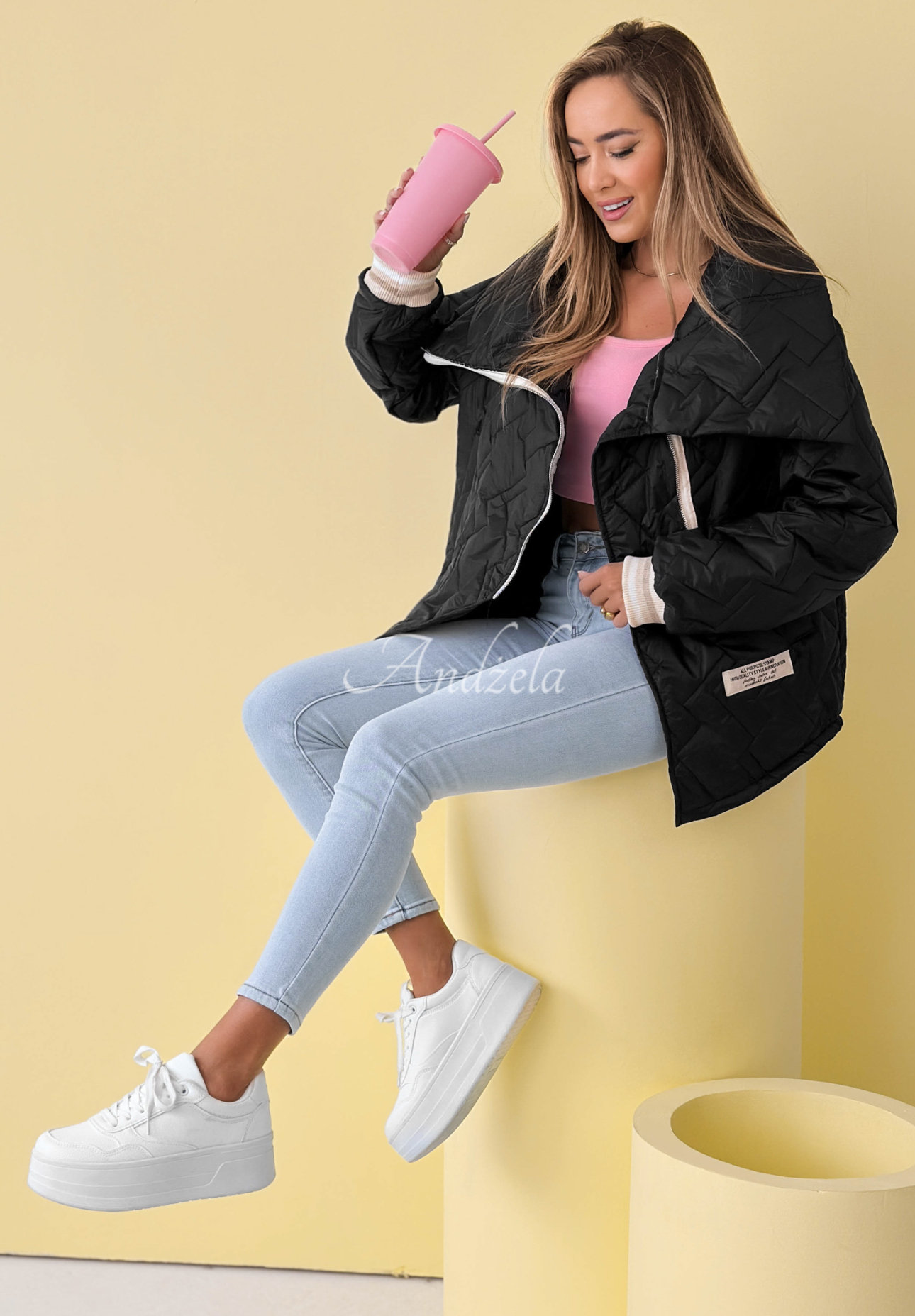 Where Are We quilted jacket with collar, black