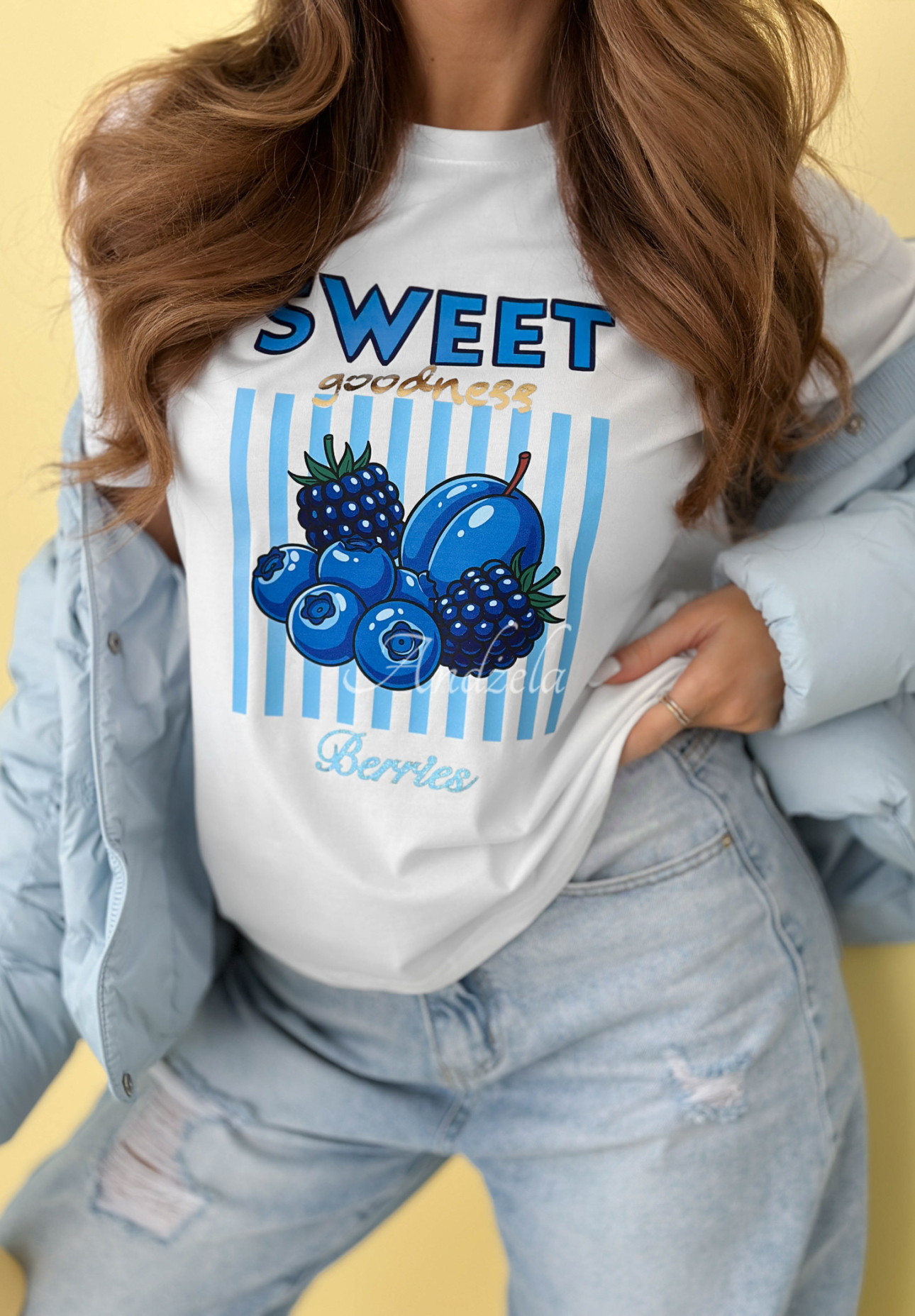 Baumwoll-T-Shirt mit Aufdruck Sweet Goodness weiß-Blau