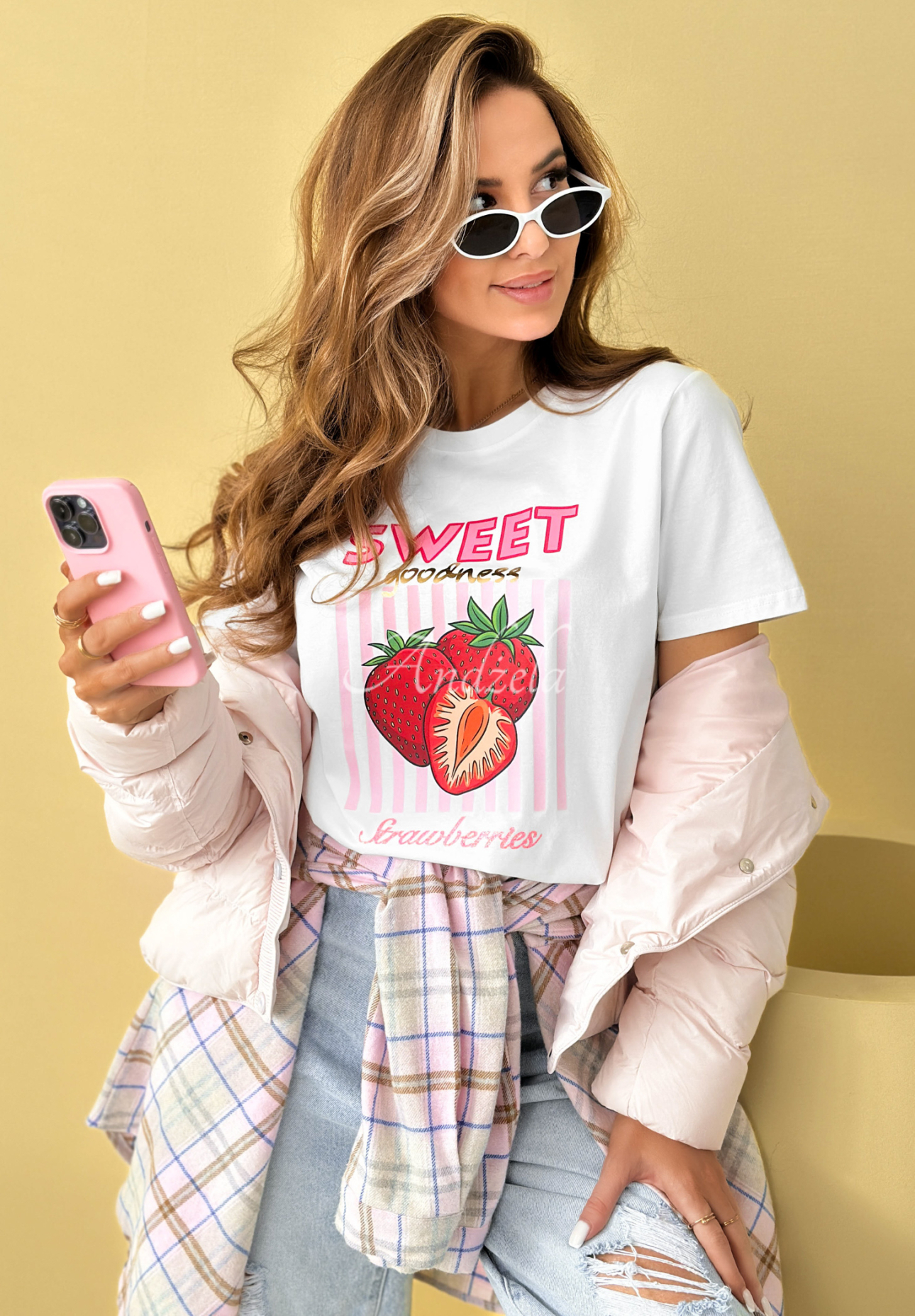 Baumwoll-T-Shirt mit Aufdruck Sweet Goodness weiß-Rosa