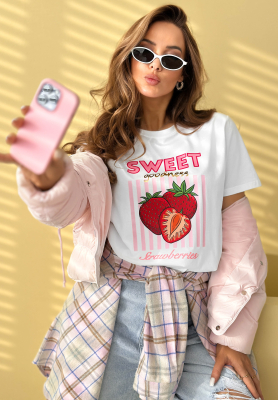 Baumwoll-T-Shirt mit Aufdruck Sweet Goodness weiß-Rosa