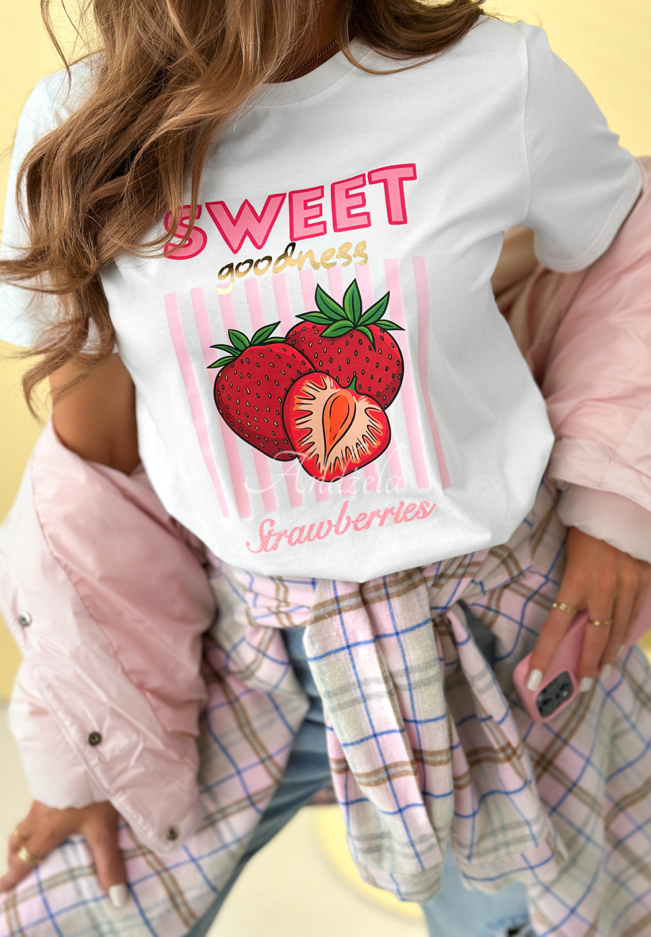 Baumwoll-T-Shirt mit Aufdruck Sweet Goodness weiß-Rosa