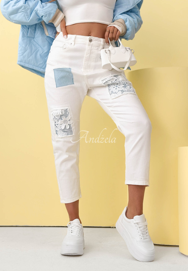 Mom-Fit-Jeanshose mit Spitzenaufn&auml;hern World Of Lace Wei&szlig;