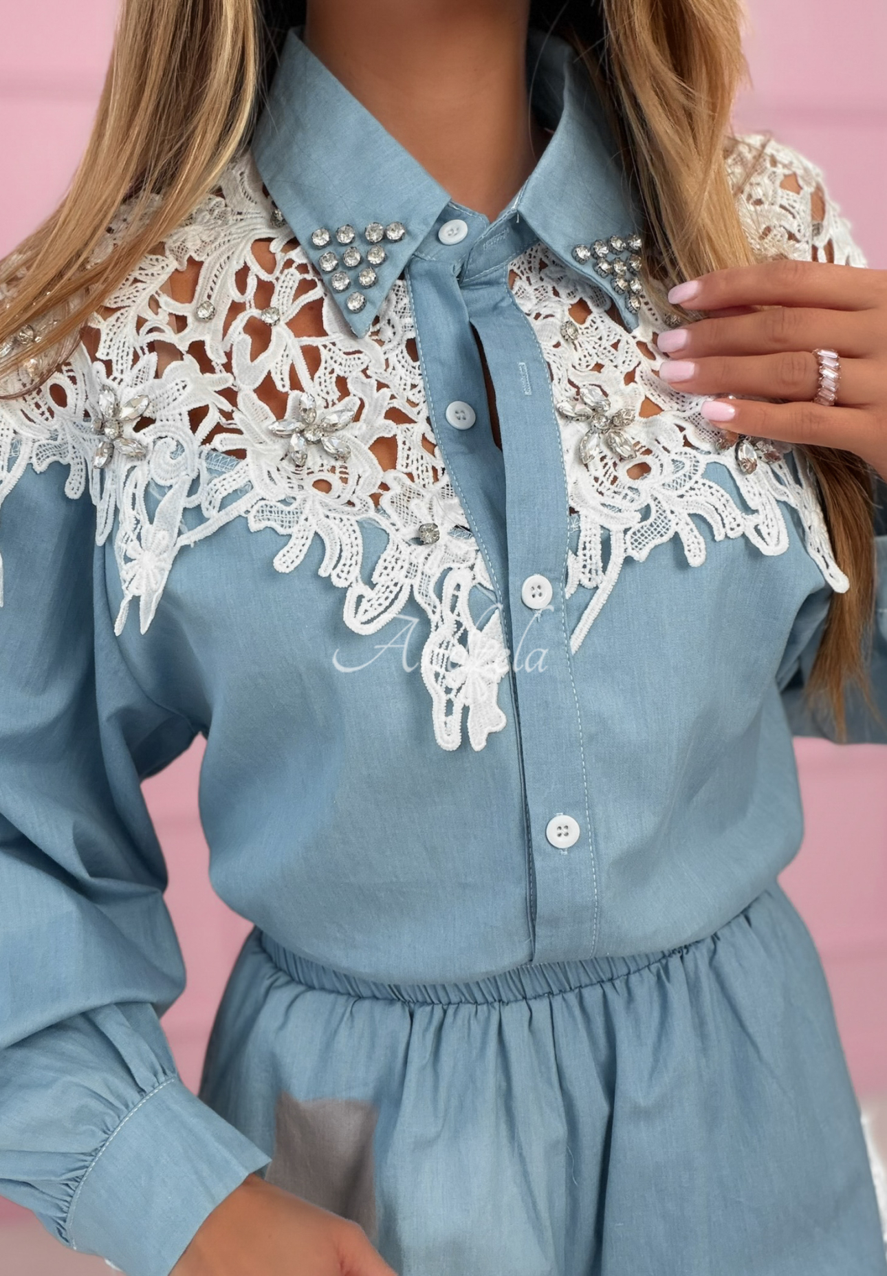 Denim shirt and shorts set with lace Esperanza light blue