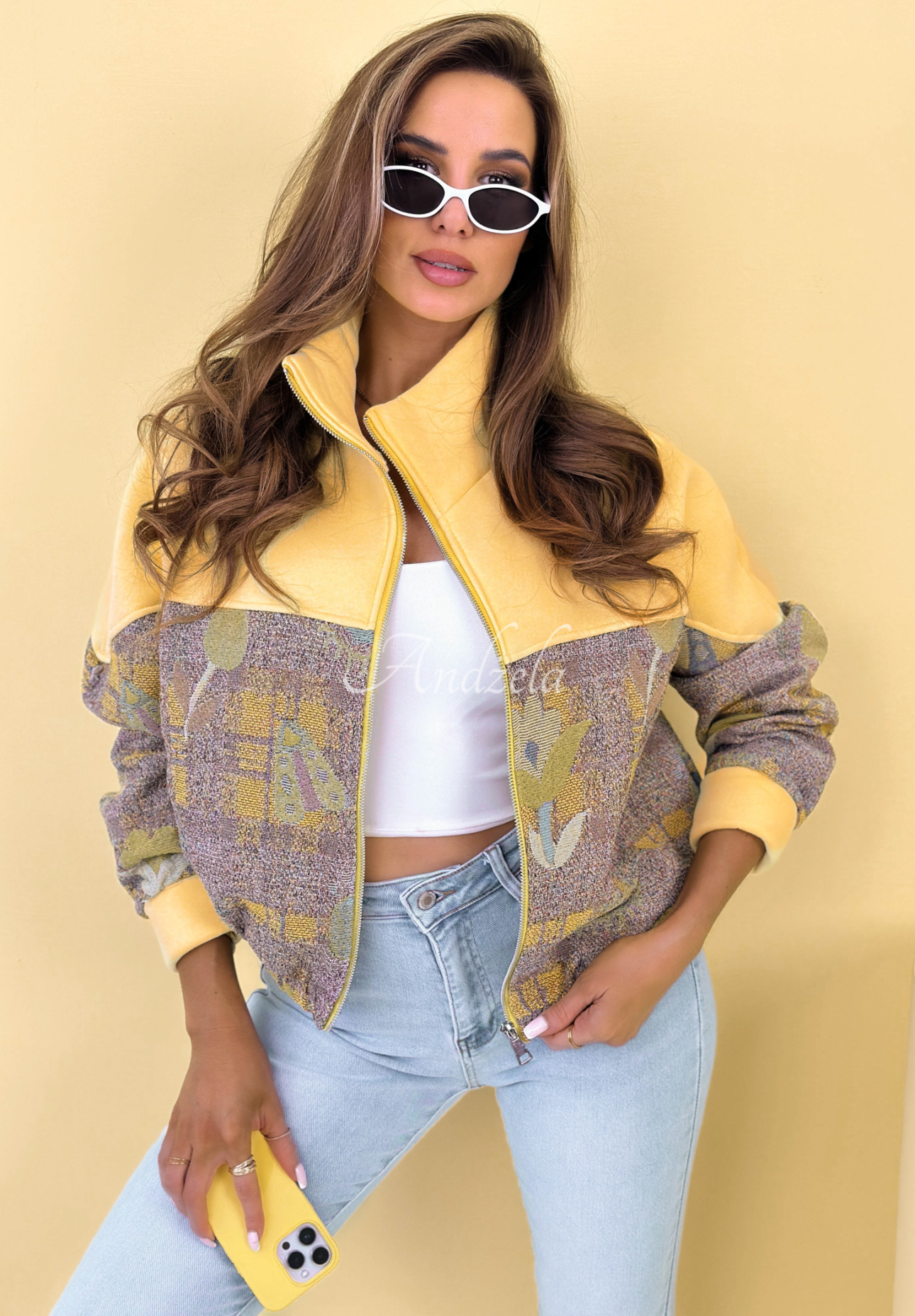 Cotton sweatshirt with stand-up collar and Alice patterns, yellow