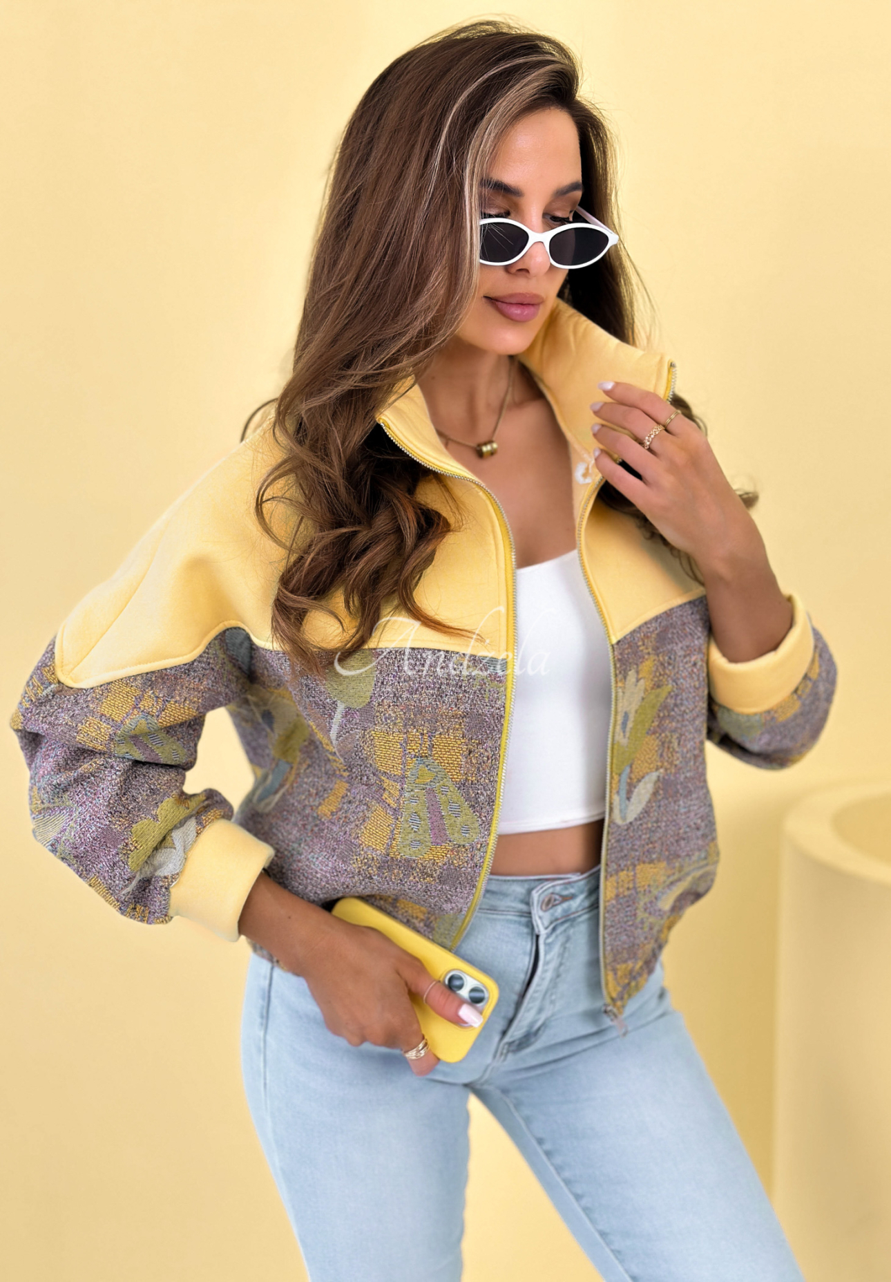 Gemustertes Sweatshirt aus Baumwolle mit Stehkragen Alice Gelb