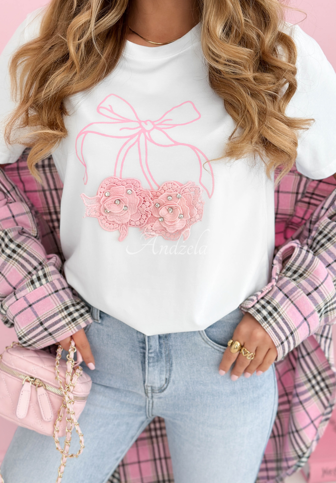 Baumwoll T-Shirt mit Aufdruck Pink Bow Weiß