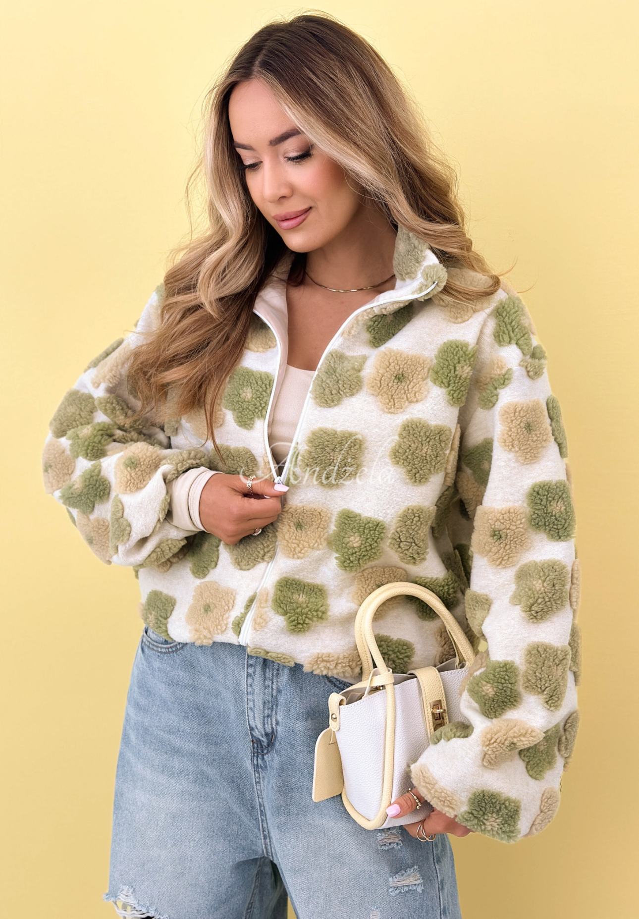 Blumige Wolljacke mit Stehkragen Garden Of Flowers Beige-Grün