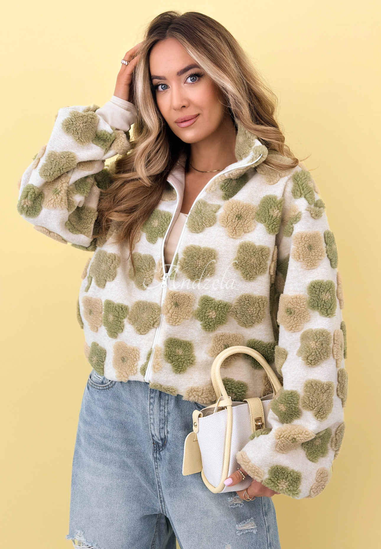 Blumige Wolljacke mit Stehkragen Garden Of Flowers Beige-Grün