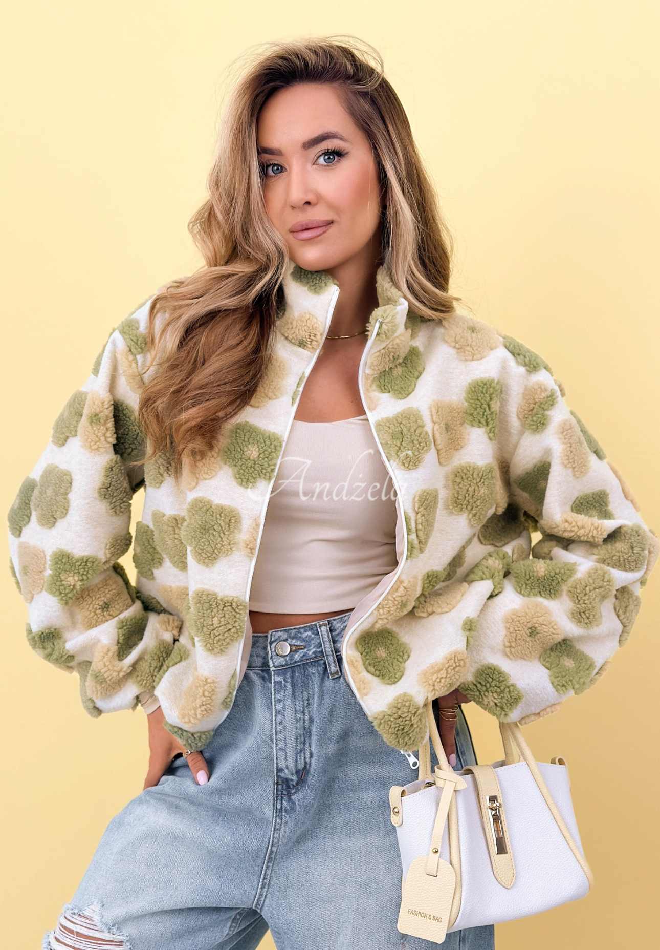 Blumige Wolljacke mit Stehkragen Garden Of Flowers Beige-Grün