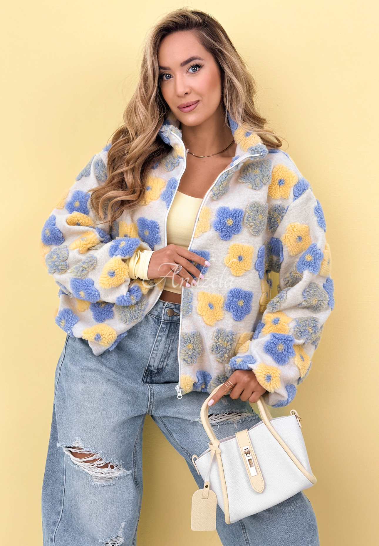 Floral wool jacket with stand-up collar Garden of Blooms blue and yellow