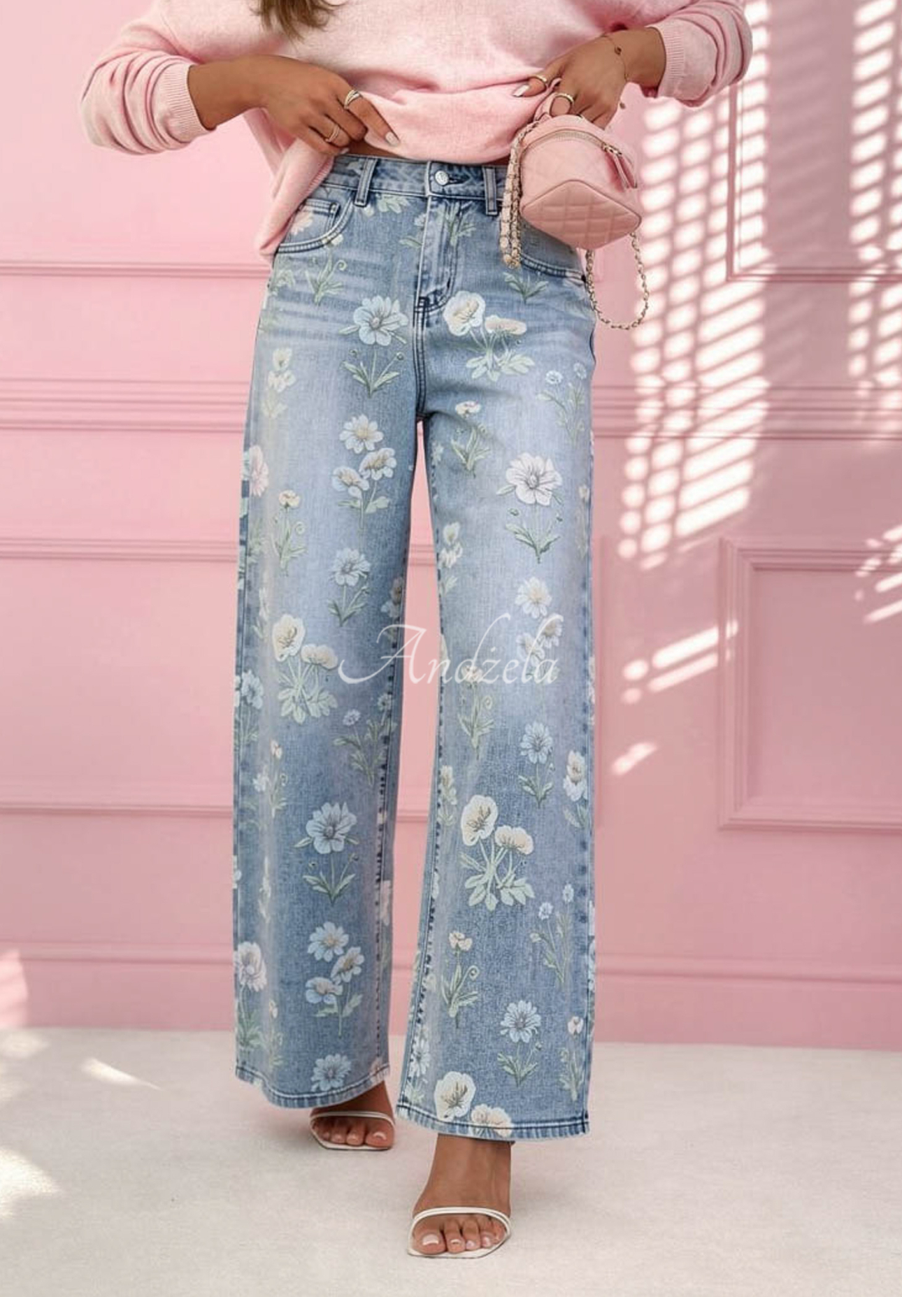 Jeanshose wide leg mit Blumenmuster Florimel Hellblau