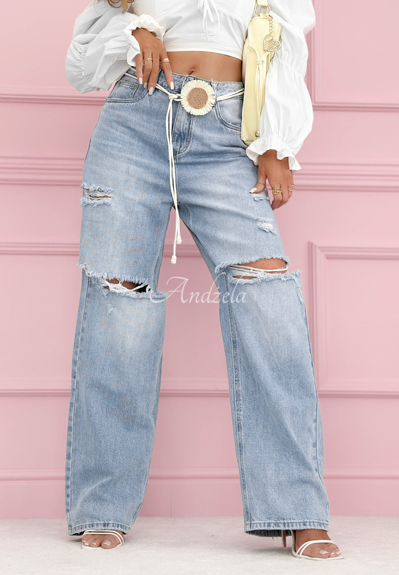 Wide-leg Jeans mit Abschürfungen Morgan Blau