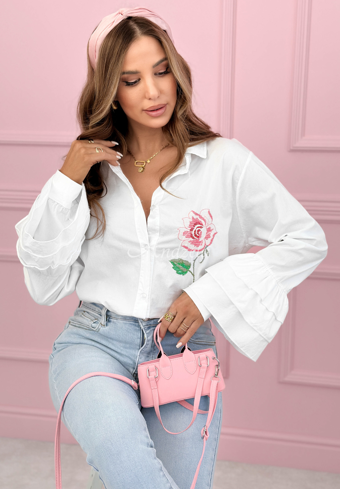 Cotton shirt with frills and embroidered rose Rosy Declaration white