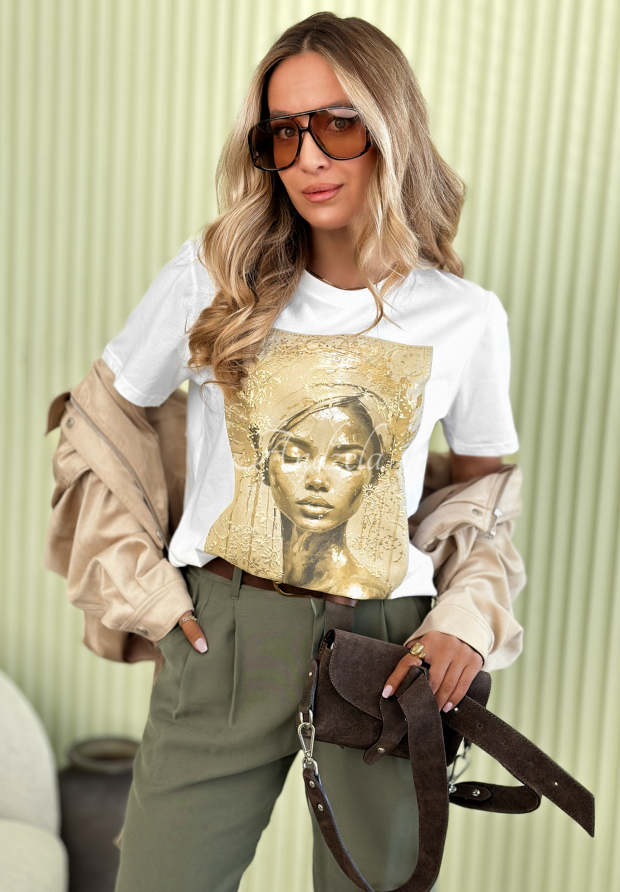 Baumwoll T-Shirt mit Aufdruck Golden Lady Wei&szlig;
