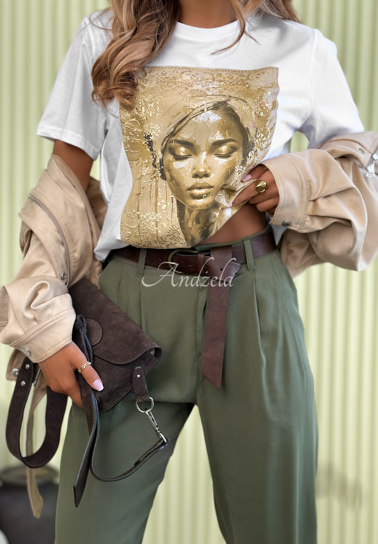 Elegante Mom-Fit-Hose aus Viskose mit Gürtel Never Limit Yourself Khaki