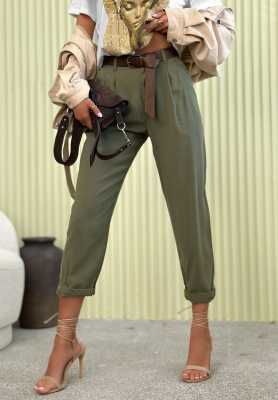 Elegant mom fit viscose pants with Never Limit Yourself khaki belt