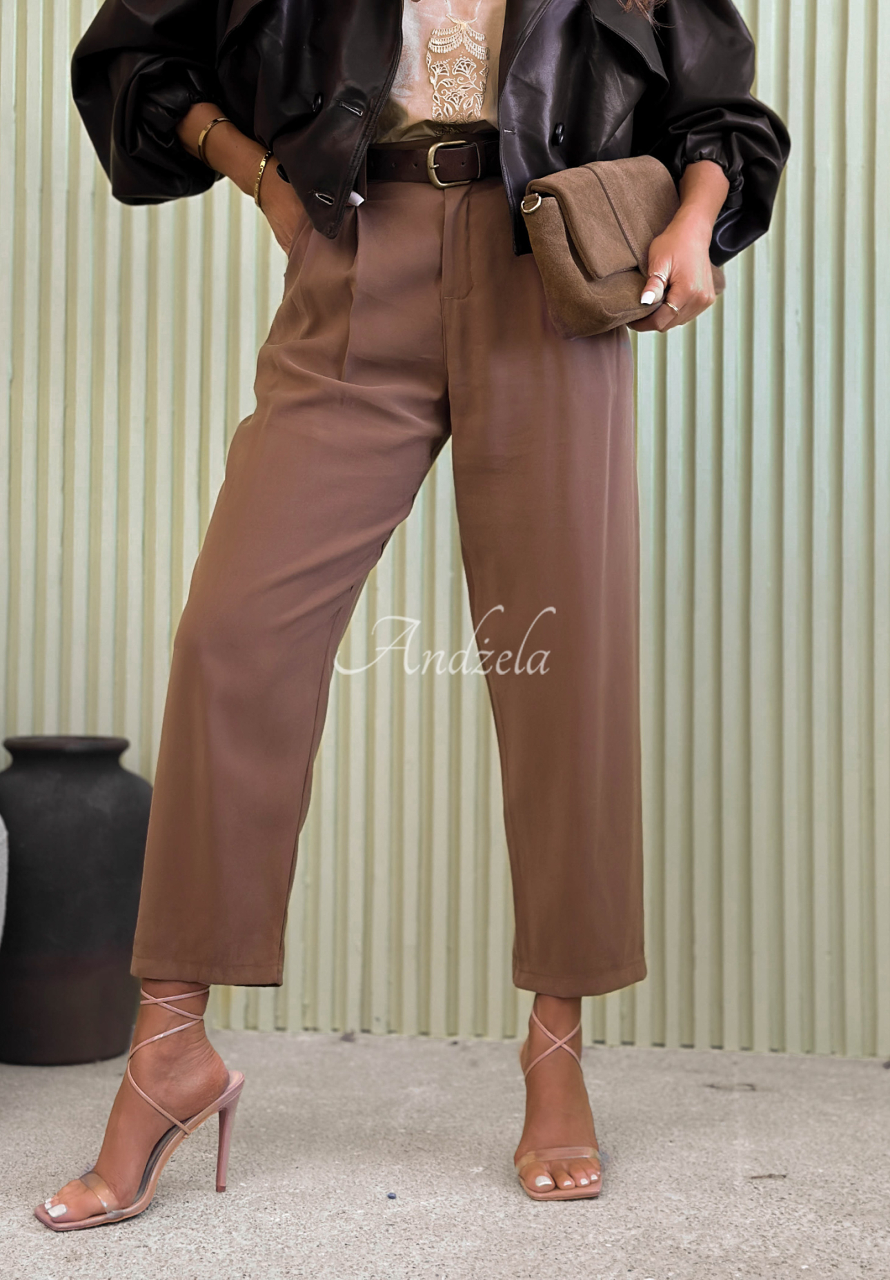 Elegant mom fit viscose pants with Never Limit Yourself belt in camel