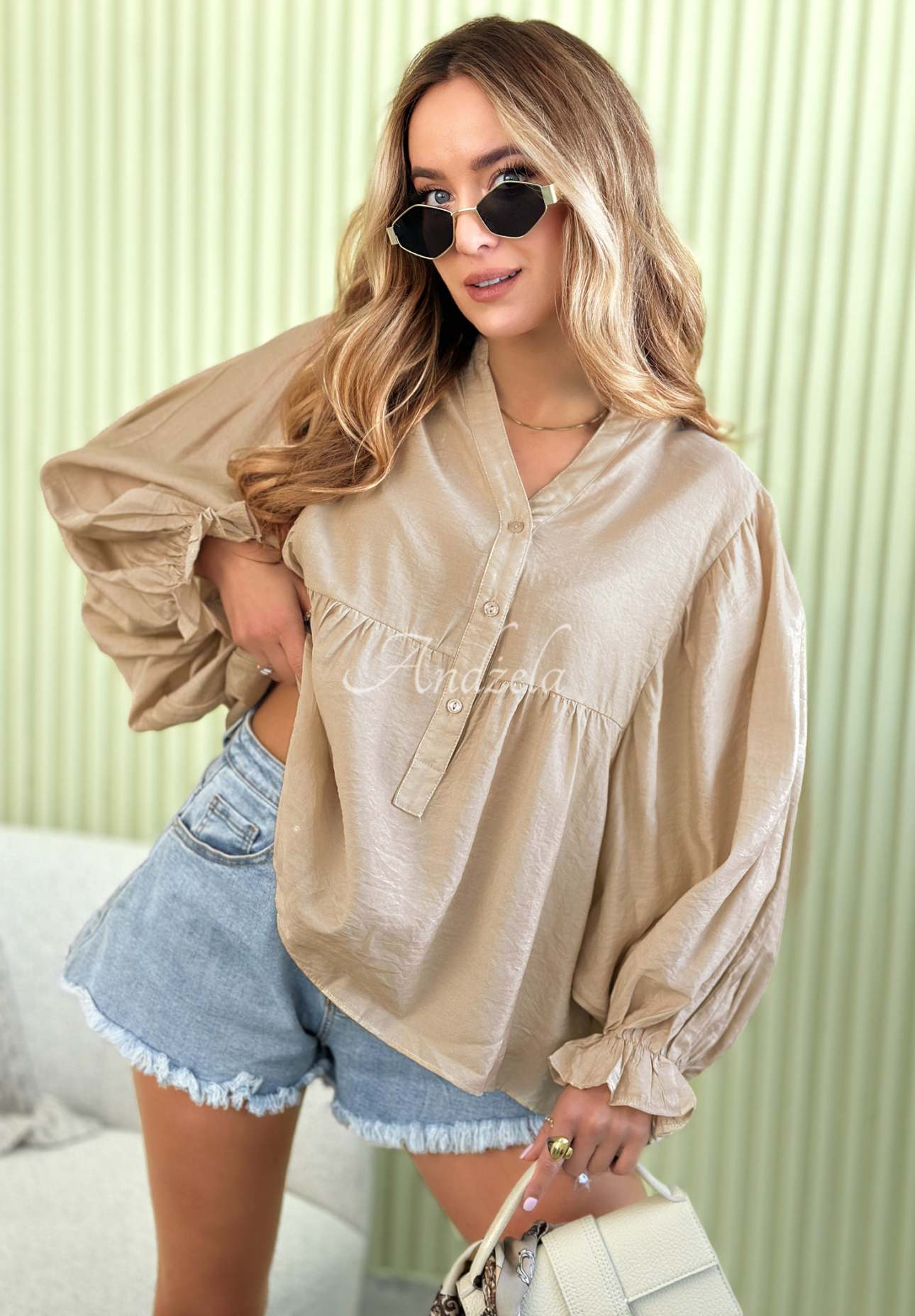 Leichtes Hemd mit Puffärmeln Spring Poems Beige