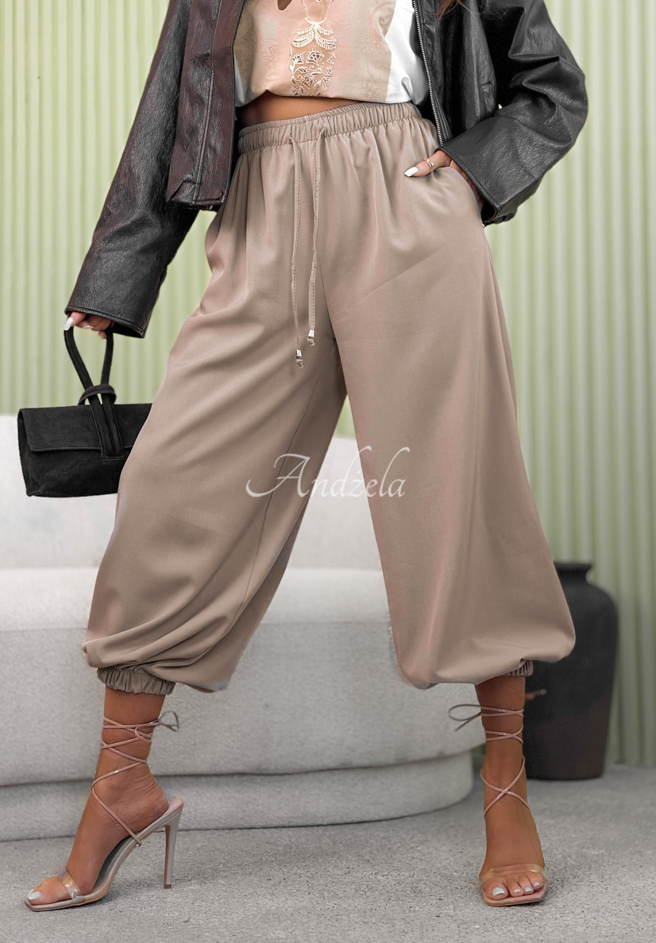 Cosima mocha fabric jogger pants with elastic waistband