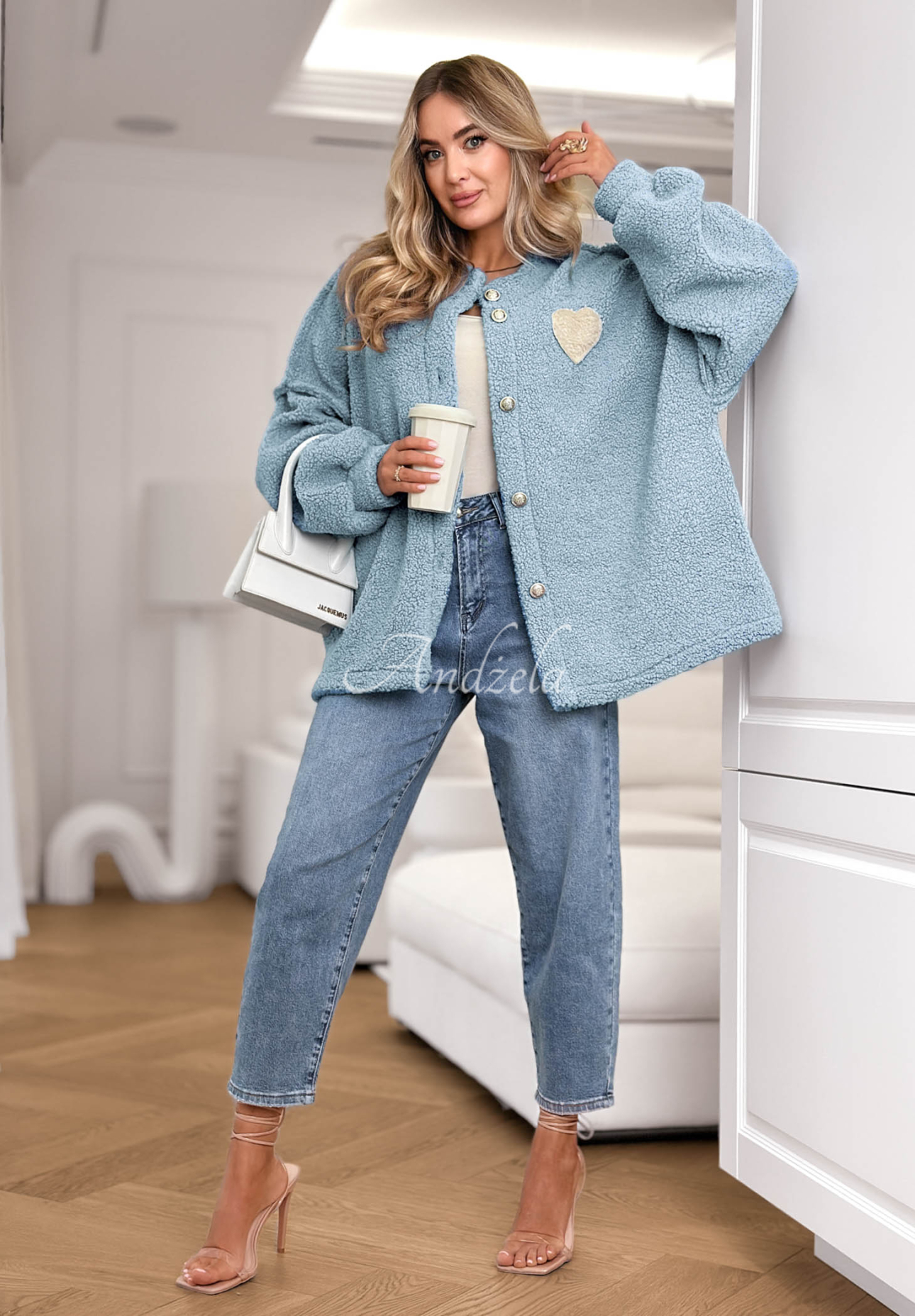 April Feels short sherpa sheepskin jacket, blue