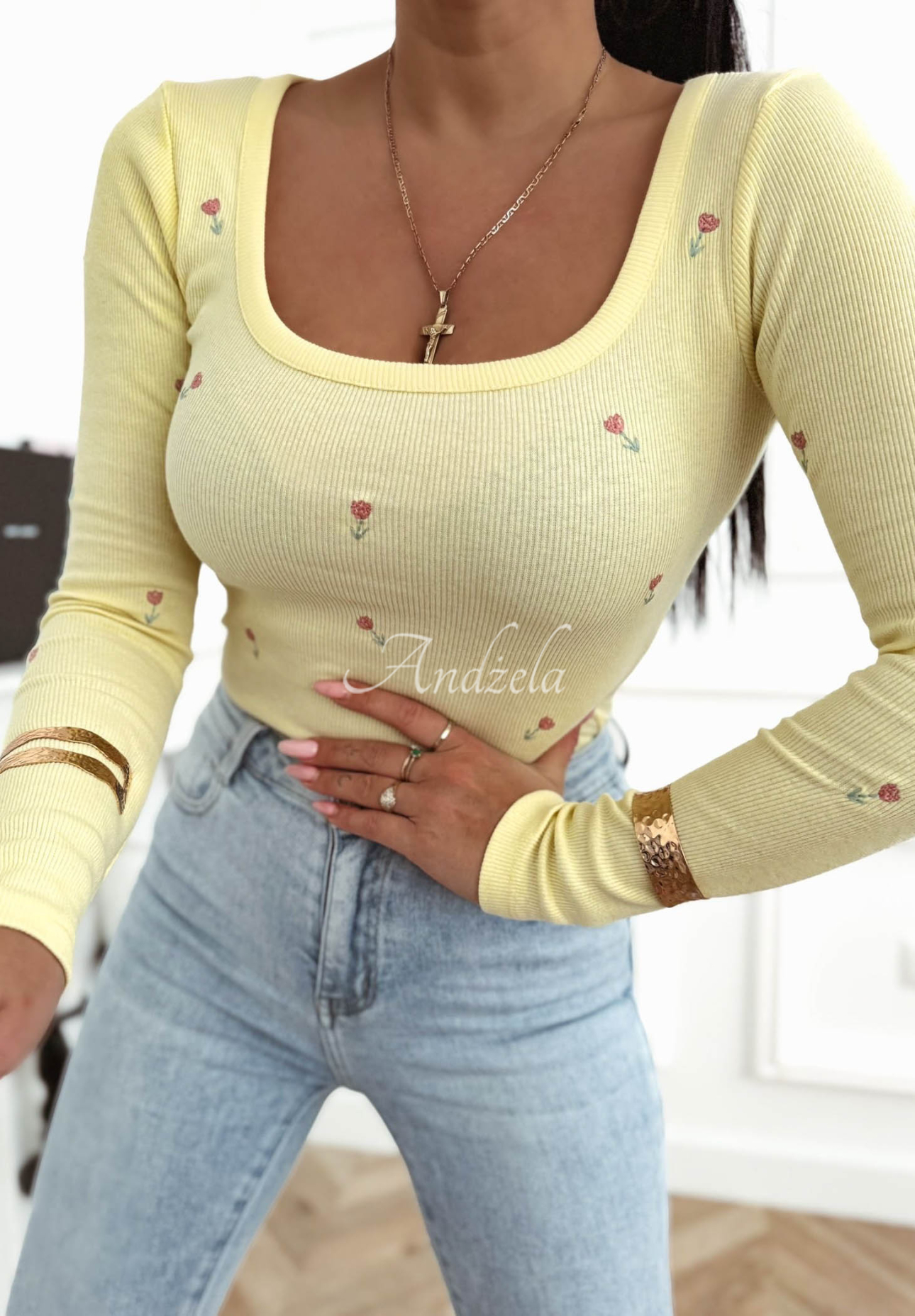 Gestreifte Bluse mit Blumenmuster aus Baumwolle Rosalie Gelb