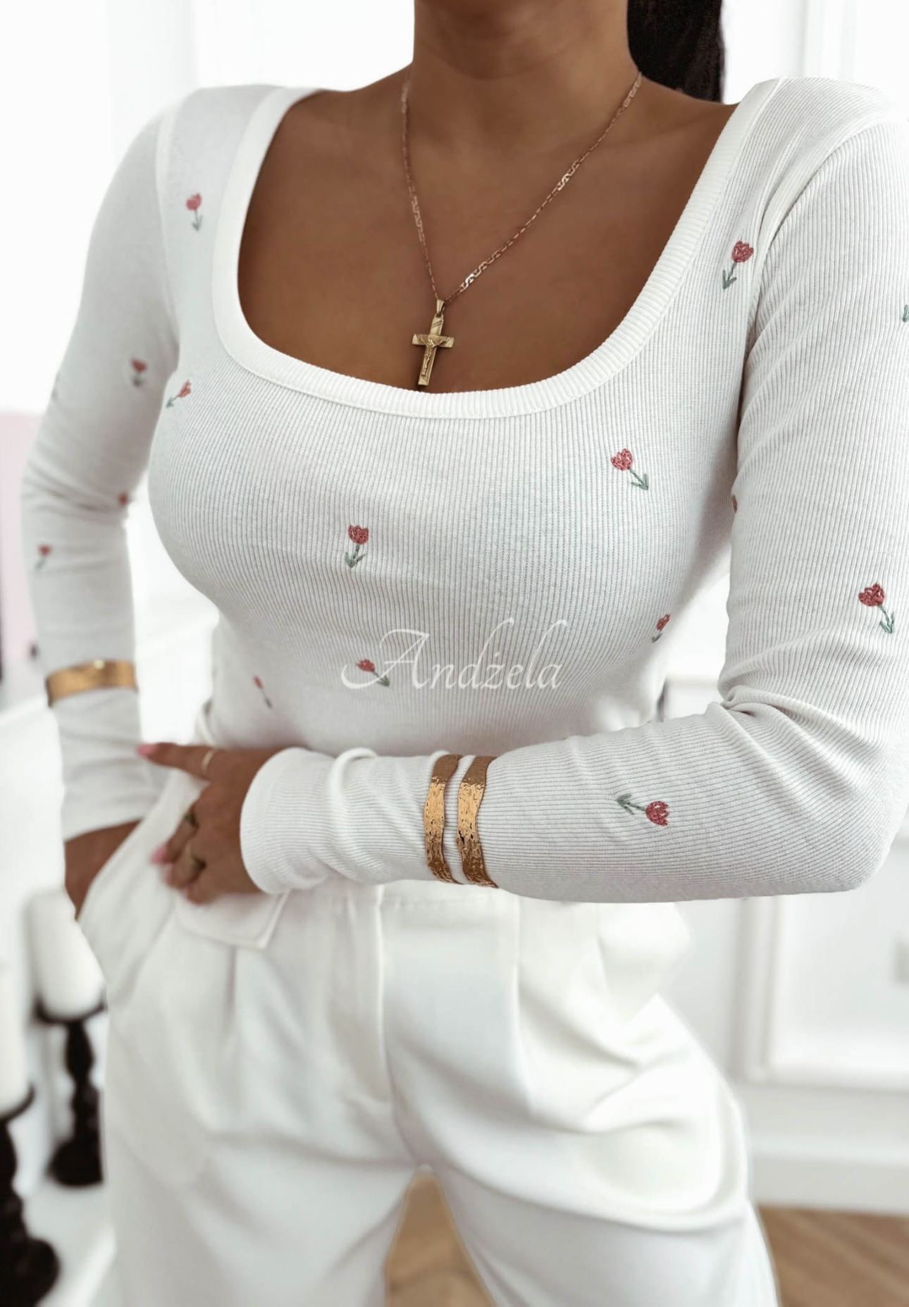 Gestreifte Bluse mit Blumenmuster aus Baumwolle Rosalie Ecru