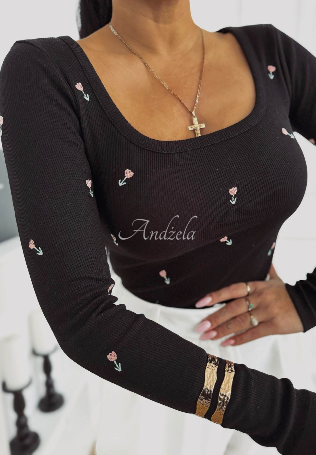 Gestreifte Bluse mit Blumenmuster aus Baumwolle Rosalie Schwarz