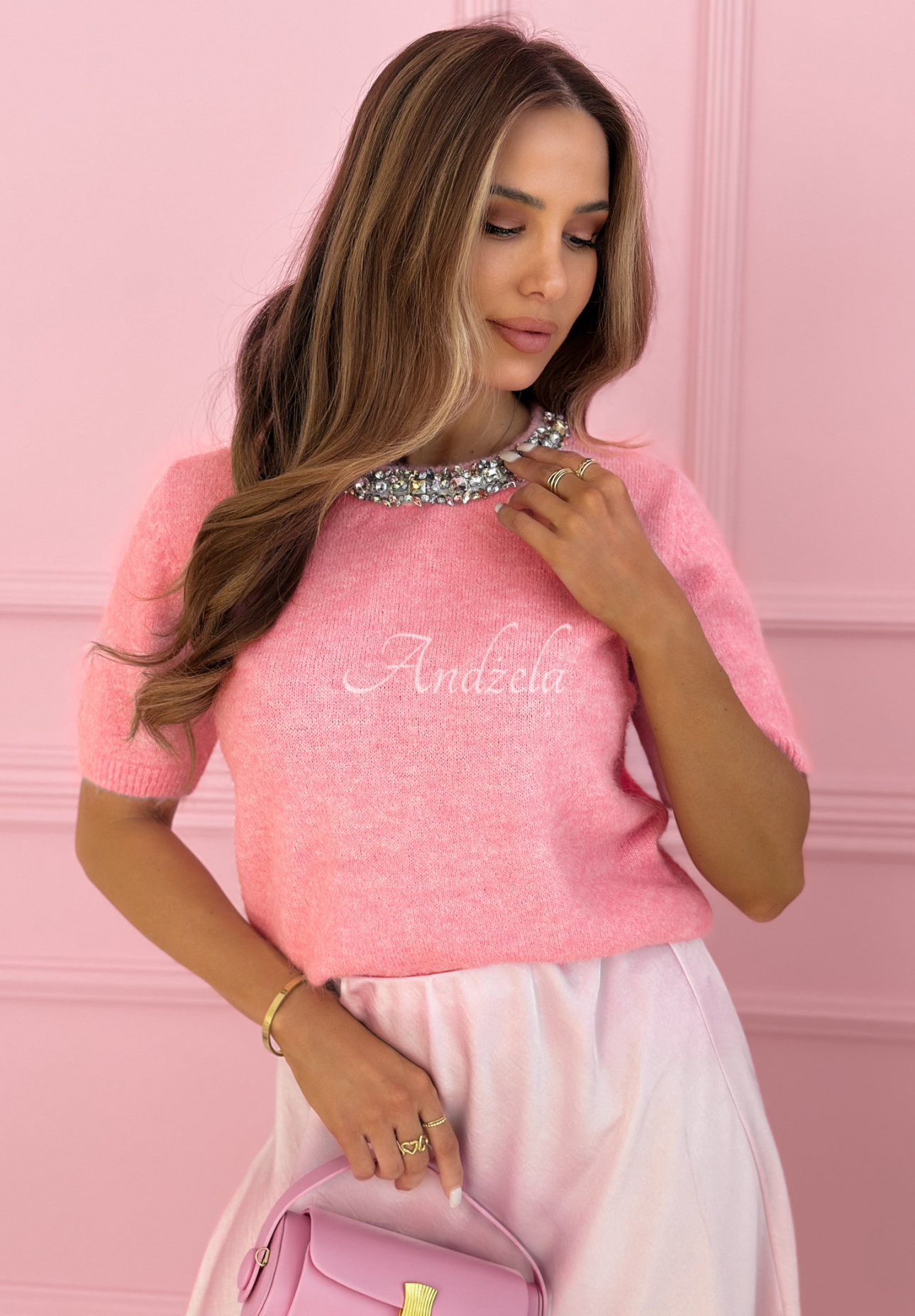 Pullover mit Zierkristallen und Wolle With Diamonds Rosa