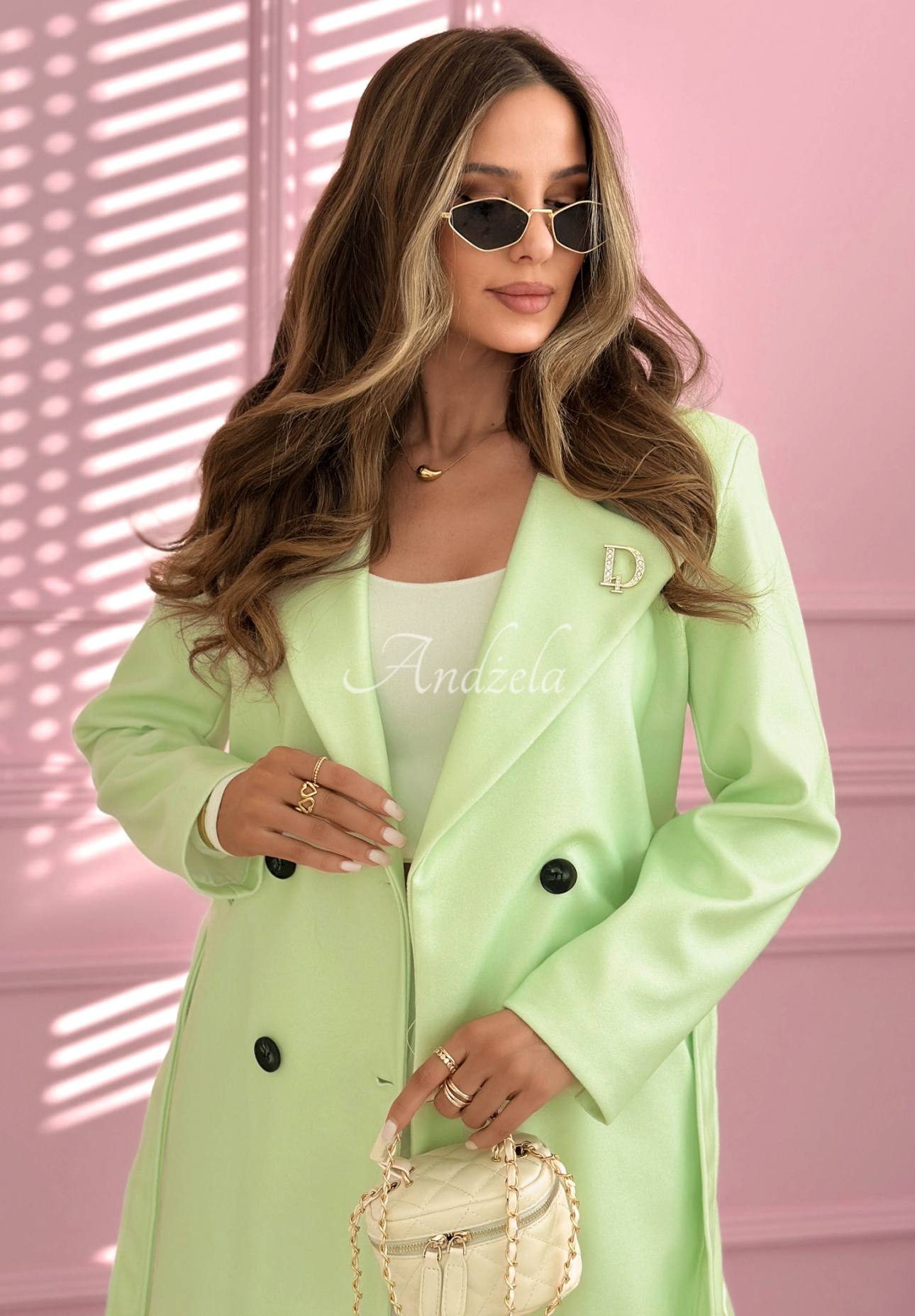 Langer, zweireihiger Mantel mit Kragen We Both Know Pistaziengrün