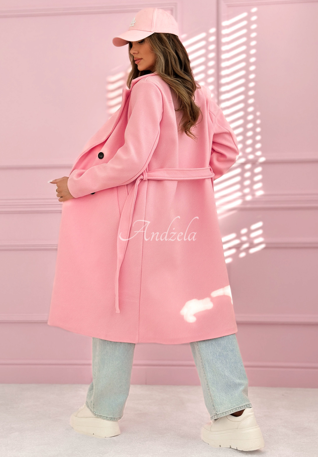 Long double-breasted coat with herringbone collar We Both Know pink